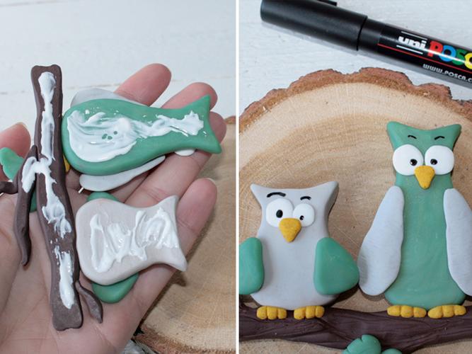 Eulen auf Holzscheibe: aufkleben