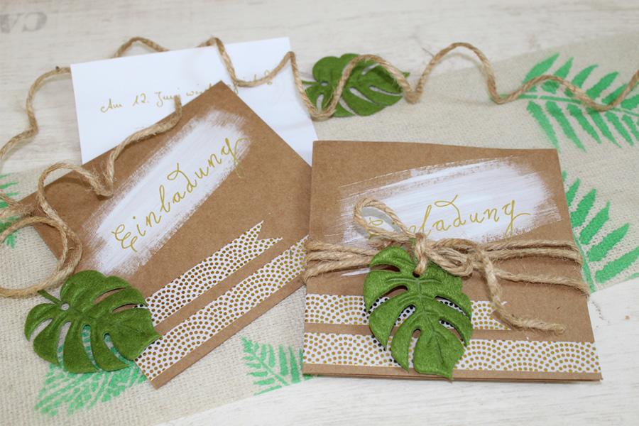 Einladungskarten im tropical Greenery Stil