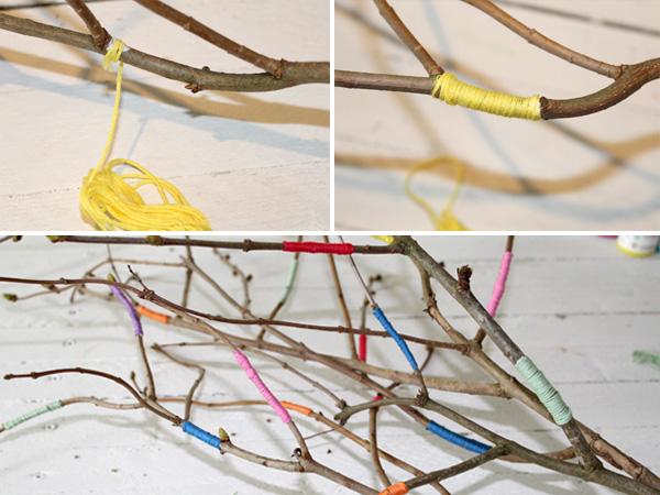 Anleitung: bunter Osterstrauch - Äste verzieren Äste mit bunten Bändern und yarn verzieren