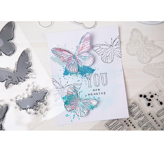 Sizzix Framelits Punching template and Clear Stamps "Painted Pencil Butterflies"