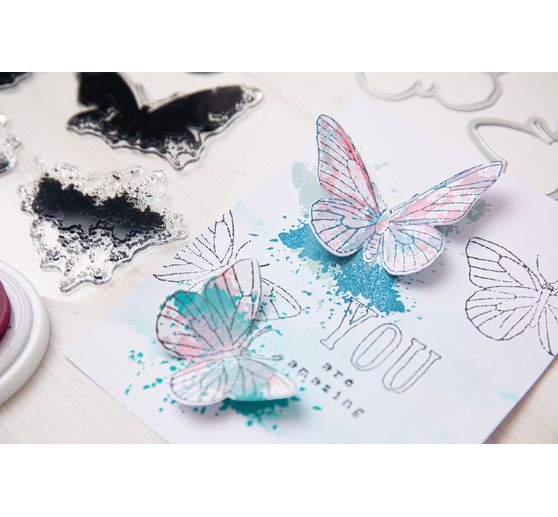 Sizzix Framelits Punching template and Clear Stamps "Painted Pencil Butterflies"