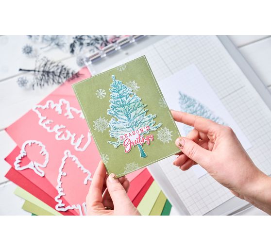 Sizzix Punching template and Clear Stamps "Pine Holidays by 49 and Market"