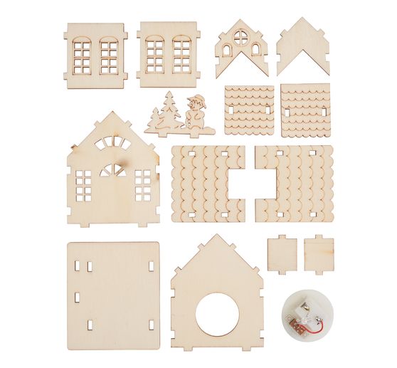 Kit di costruzione in legno VBS "Casa con torre e pupazzo di neve", incl. LED