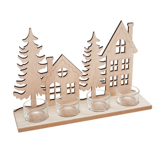 Portacandele tealight VBS "Case e abeti", incl. 4 vasetti per candele