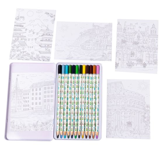 Scatola di design con 12 matite colorate "Giro del mondo colorato".