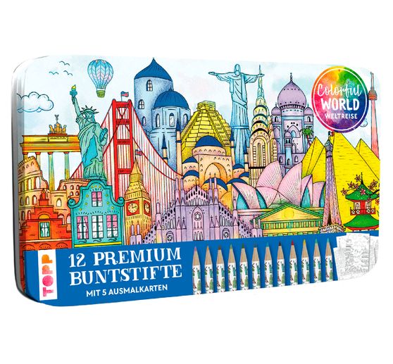 Scatola di design con 12 matite colorate "Giro del mondo colorato".