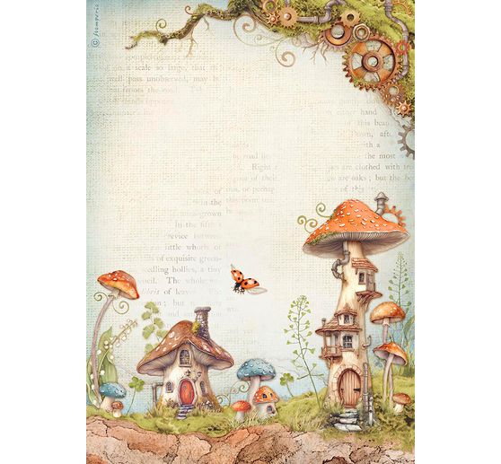 Motif straw silk "Hidden Grove - Mushroom Houses"