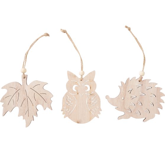 VBS Wooden decoration pendant "Hedgehog, owl and maple leaf"