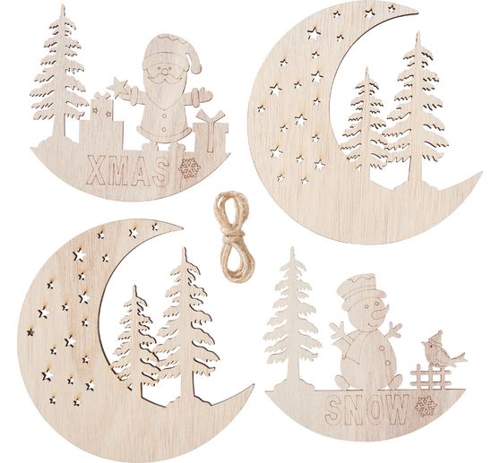 VBS Wooden decoration pendant "Half moon with Santa and Snowy", set of 2