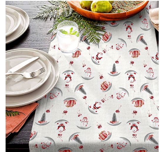 Motif fabric linen optics with gold print "Snowman and Santa"