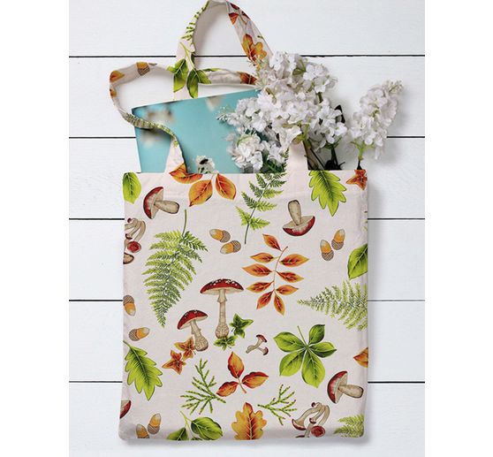 Motif fabric linen optics "Autumn leaves and mushrooms"