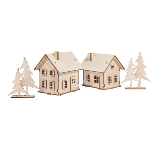 Kit di costruzione in legno "Case luminose e abeti", incl. LED