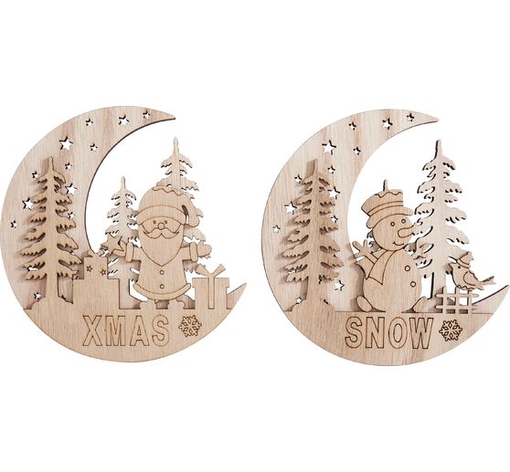 VBS Wooden decoration pendant "Half moon with Santa and Snowy", set of 2