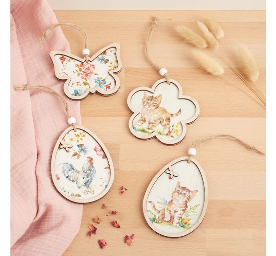 VBS Wooden decoration pendant with frame "Flower and butterfly", set of 2