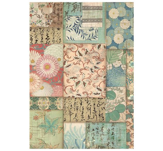 Seta di paglia con motivi backgrounds Stamperia "Oriental Garden", DIN A6, set di 8 pezzi