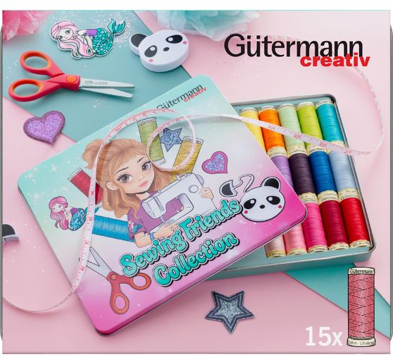 Set di fili da cucito G&uuml;termann Sewing Friends Collection Box 15 x 100 m, con accessori