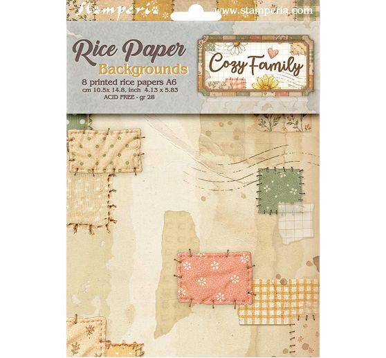 Seta di paglia con motivi backgrounds Stamperia "Cozy Family", DIN A6, set di 8 pezzi