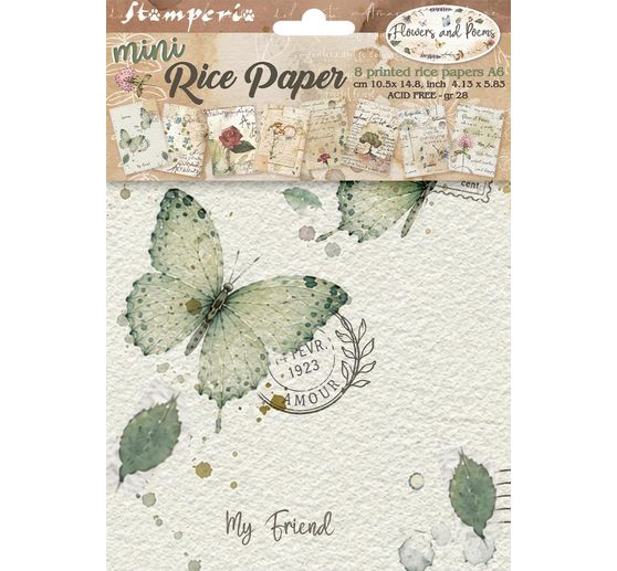 Assortimento di seta paglia con motivi Stamperia "Flowers and Poems", DIN A6, set di 8 pezzi