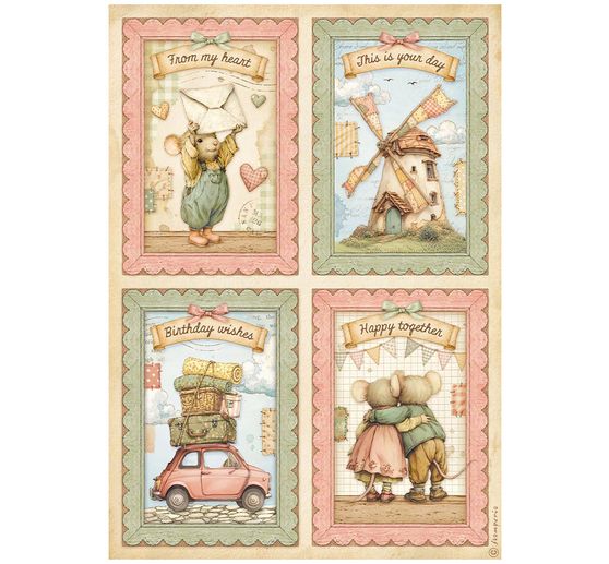 Assortimento di seta paglia con motivi Stamperia "Cozy Family", DIN A4, set di 6 pezzi
