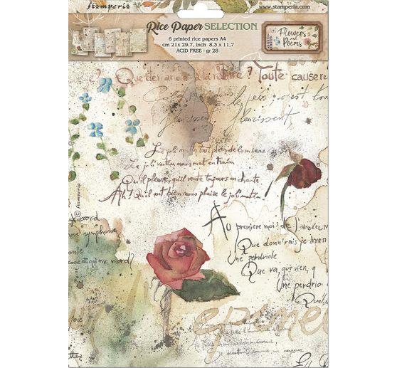 Assortimento di seta paglia con motivi Stamperia "Flowers and Poems", DIN A4, set di 6 pezzi