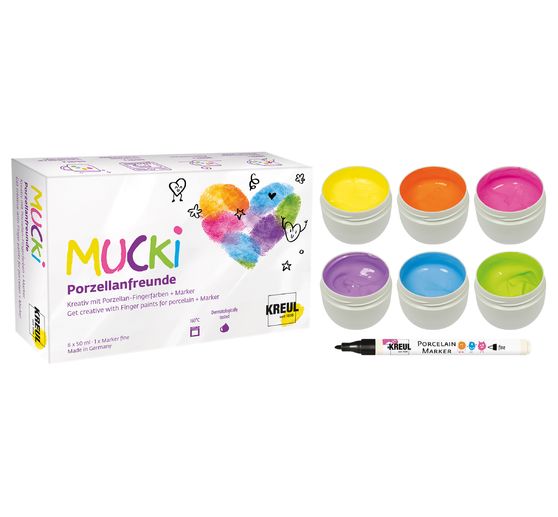 Colore a dita per porcellana + pennarello "Porzellanfreunde" MUCKI, 6 x 50 ml