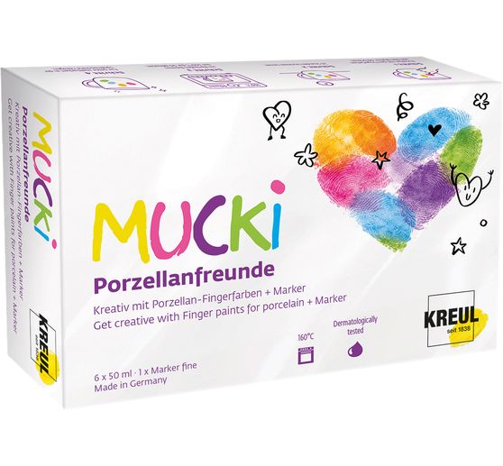 Colore a dita per porcellana + pennarello "Porzellanfreunde" MUCKI, 6 x 50 ml