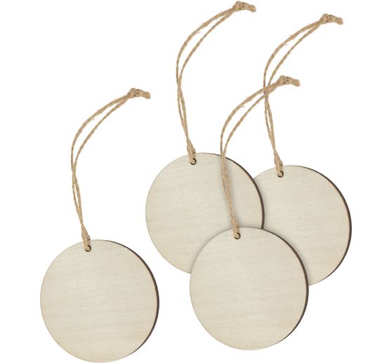 Wooden decoration pendant "Round" with ribbon, set of 4